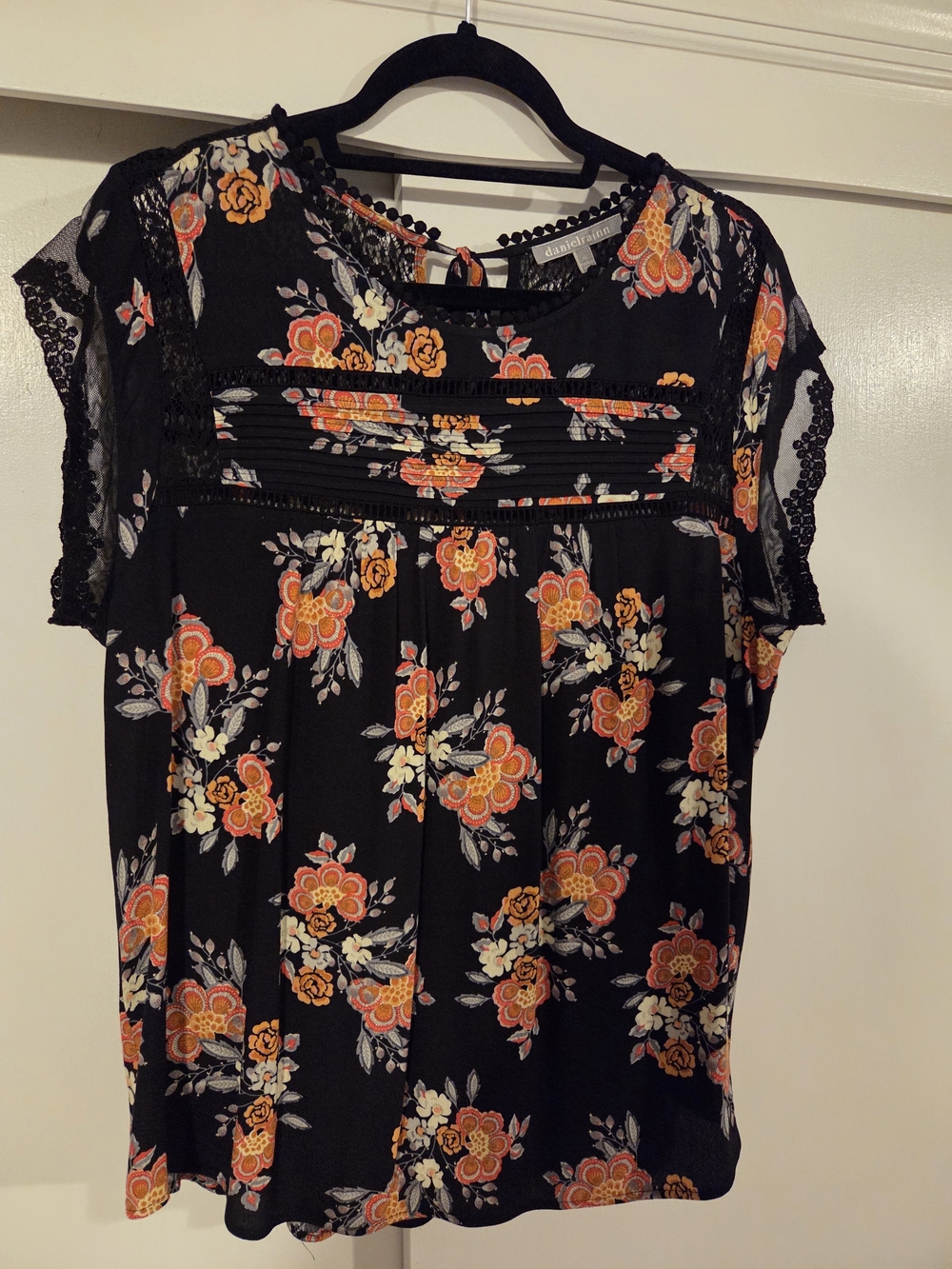 Daniel Rainn Black Floral Pintuck Blouse with Lace Trim